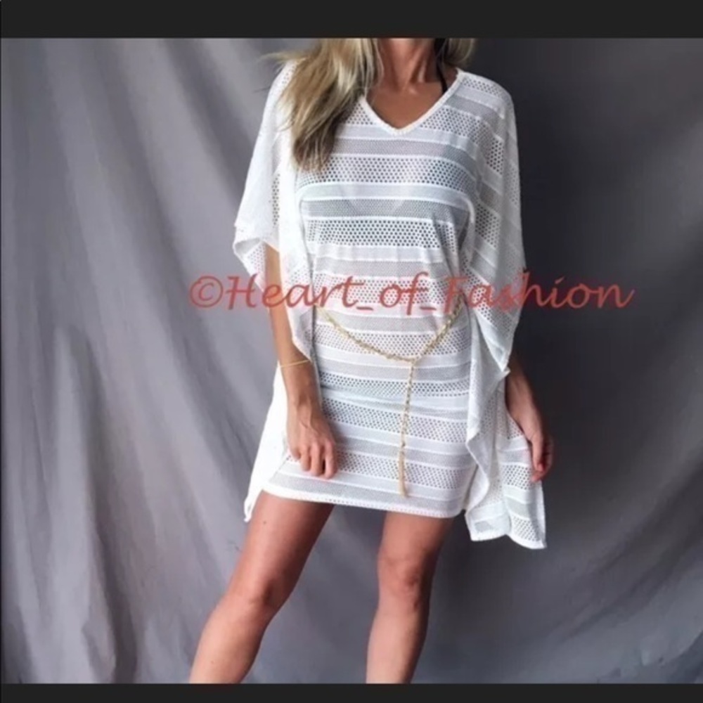 Sexy Sheer Crochet Knit Chain Embellished Belt Dolman Dress Swimsuit Coverup